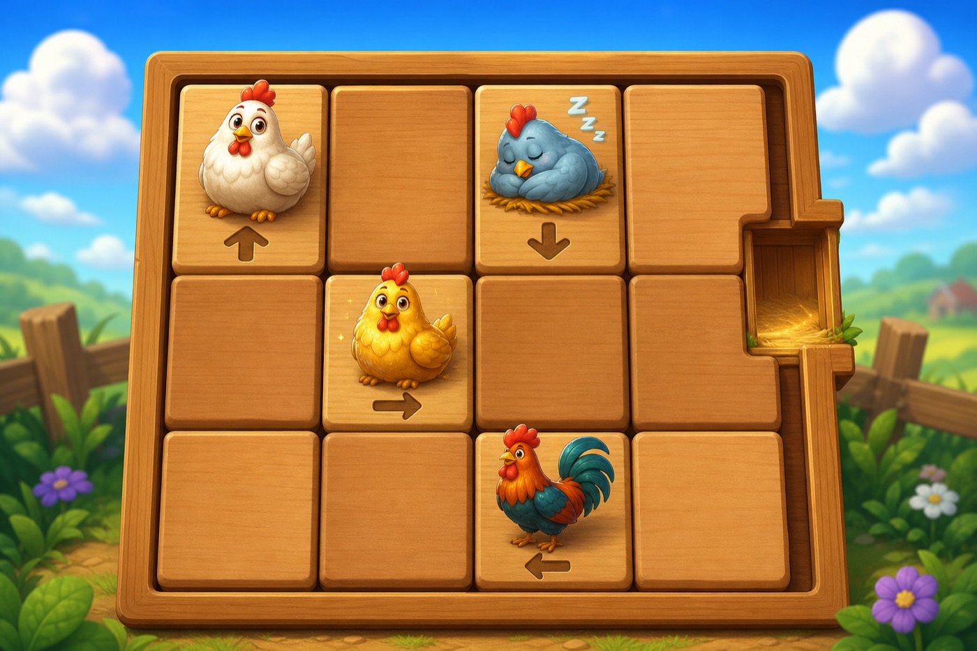 Cluck Away puzzle board with hens and direction arrows