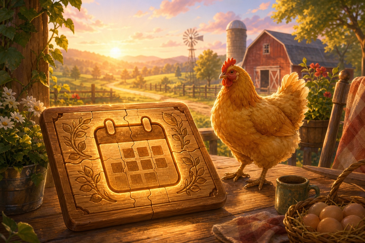 Morning farm table with the daily Cluck Away puzzle